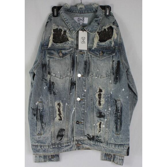 NWT DNA Premium Mega Distressed Denim Jean Jacket Mens L paint studded punk - Picture 1 of 4